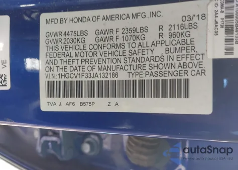 2018 Honda Accord Sport z USA, uszkodzony, nr VIN 1HGCV1F33JA132186